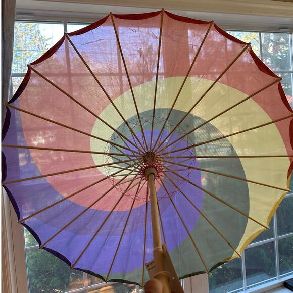 Traditional Vintage Japanese umbrella whirlpool 22” wood handle rainbow Chinese - Picture 6 of 16
